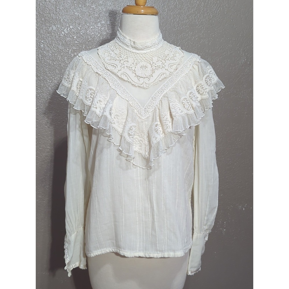 Vtg 70s Gunne Sax Victorian Ruffle Lace Long Sleeve Blouse Edwardian Bridgerton